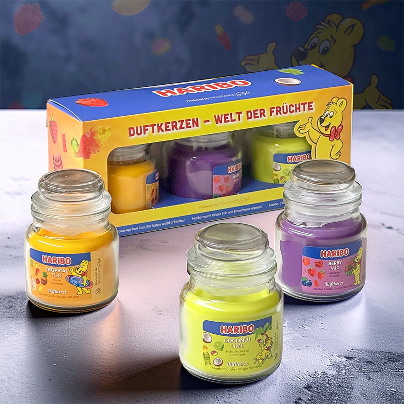 HARIBO SCENTED CANDLES GIFT SET - BERRY MIX, COCONUT LIME & TROPICAL FUN 3x85g