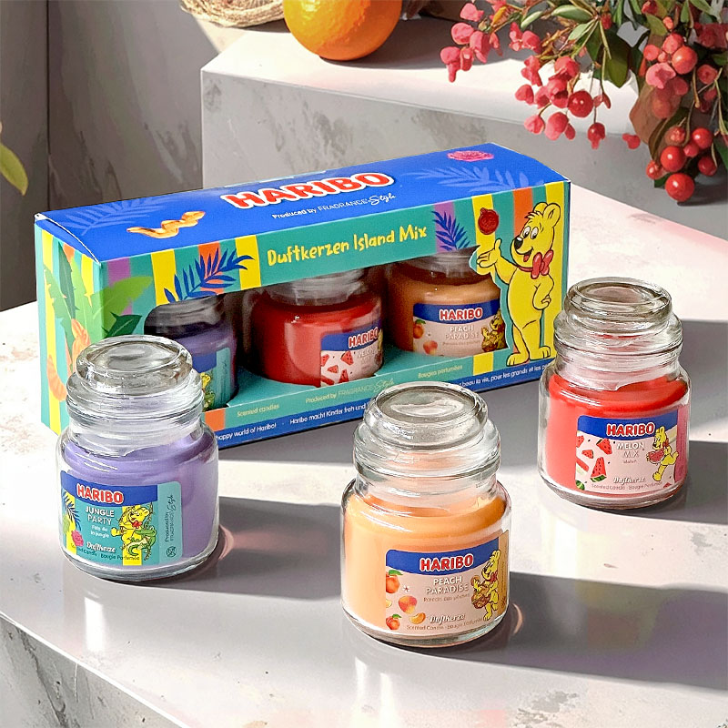 HARIBO SCENTED CANDLES GIFT SET ISLAND - JUNGLE PARTY, MELON MIX & PEACH PARADISE 3x85g