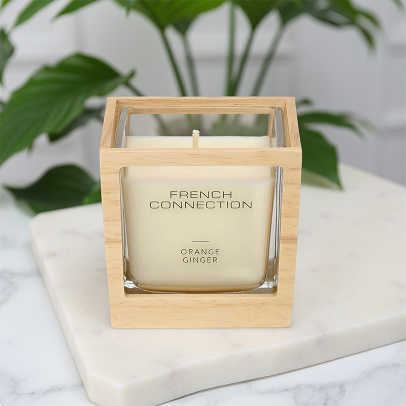 FRENCH CONNECTION NATURAL WOODEN SURROUND CANDLE ORANGE&GINGER 220G SMALL