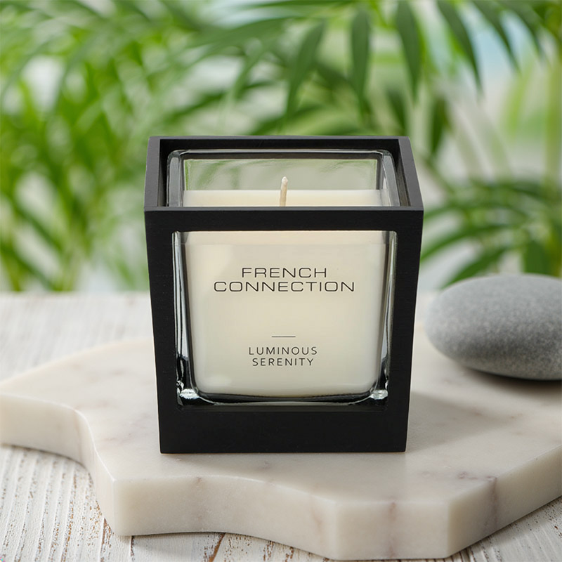FRENCH CONNECTION BLACK WOODEN SURROUND CANDLE LUMINOUS SERENITY 220G SMALL