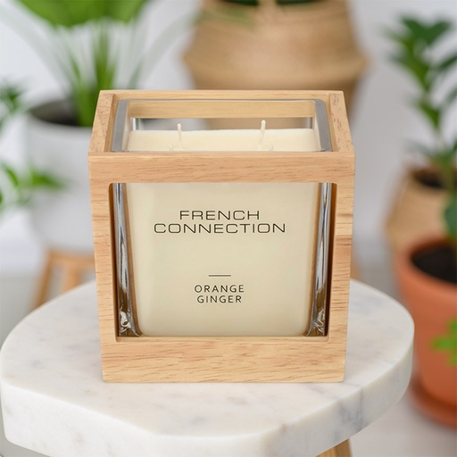 [FCC002BRM] FRENCH CONNECTION NATURAL WOODEN SURROUND CANDLE ORANGE&GINGER 495G MEDIUM