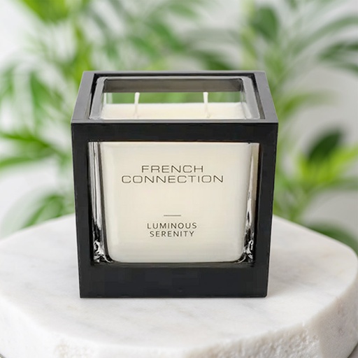 [FCC002BM] FRENCH CONNECTION BLACK WOODEN SURROUND CANDLE LUMINOUS SERENITY 495G MEDIUM