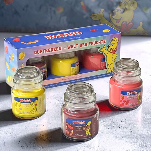 [80100501] HARIBO SCENTED CANDLES GIFT SET - LEMON FRUITS, CHERRY COLA & STRAWBERRY HAPPINESS 3x85g